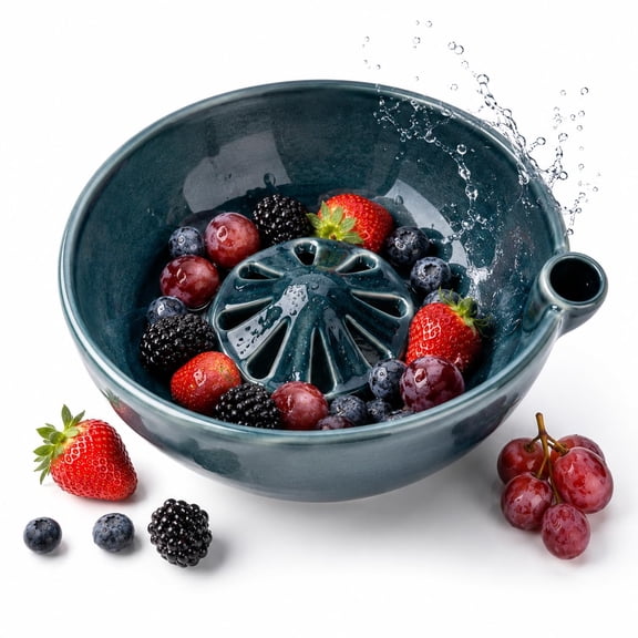 Self Rinsing Berry Washing Ceramic Bowl, Ceramic Berry Basket with Raised Center and Drainage Holes, Stoneware Fruit Rinse Bowl, Fruit Rinse Colander for Strawberries, Blueberries, Grapes
