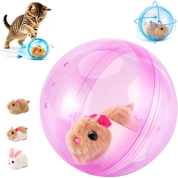 Self-Rolling Interactive Cat Ball, Automatic Moving Pet Toy with Realistic Plush Mouse/Rabbit, 360° Obstacle Avoidance Smart Rolling Ball, for Cats Dogs Small Pets (Pink, Mouse-B)