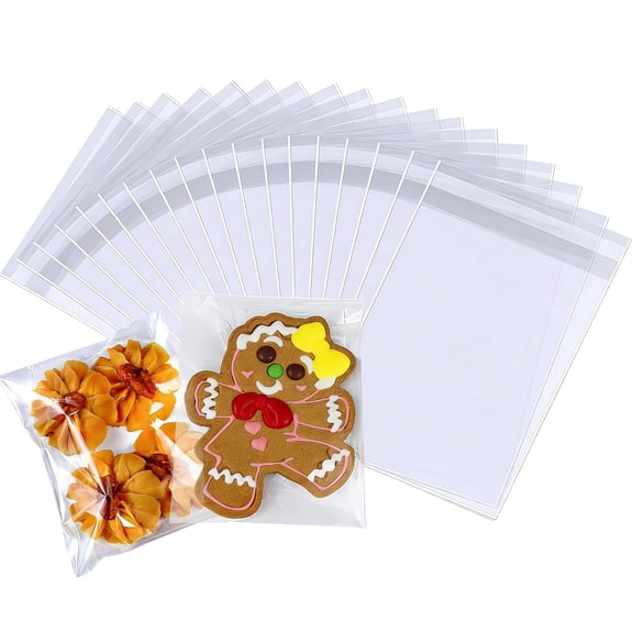 Self Seal Cellophane Bags 200 Pack, 5x7 Inches Clear Self Adhesive Cookie Bags - Food Safe, Resealable for Packaging Cookies, Sweets, Favours, Party Gifts (13x17cm)