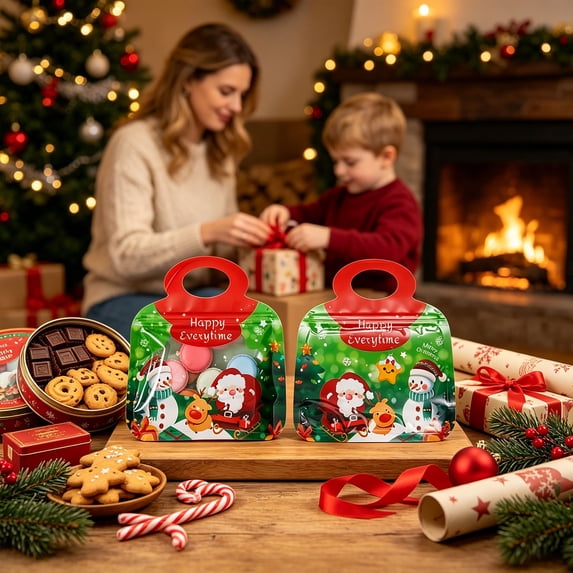 Self-Seal Christmas Treat Bags - Green PVC Santa Snowman Print Bags for ...