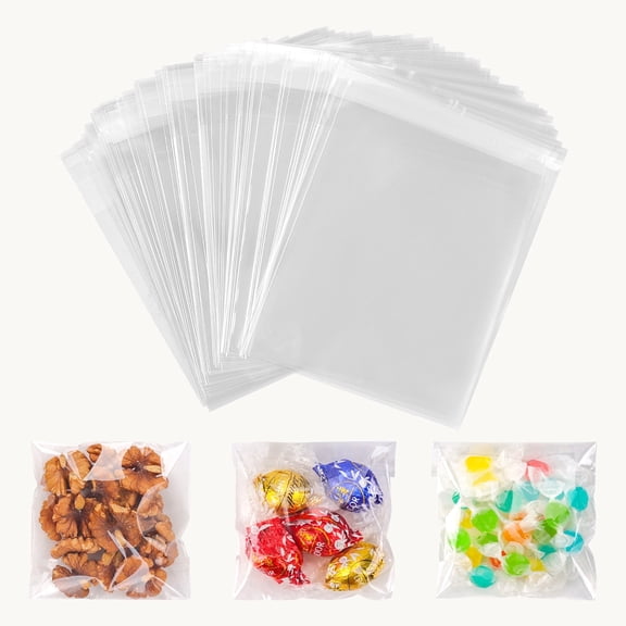 Self Sealing Cellophane Bags 100 Pack, 4x4 Inch Clear Plastic Bags for Packaging Cookies, Candy, Treats, Gifts, Food Safe Resealable Mylar Bags for Bakery, Party Favors, Crafts