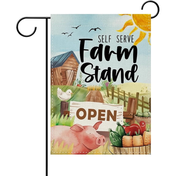Self Serve Farm Stand Decorative Garden Flag, Rustic Farmhouse Burlap Yard Decor, Double Sided Outdoor Small Flag, Barn and Produce Design, 12 x 18