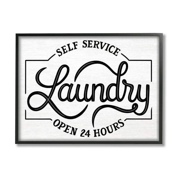 Self Service Laundry Open Sign Typography Graphic Art Black Framed Art Print Wall Art