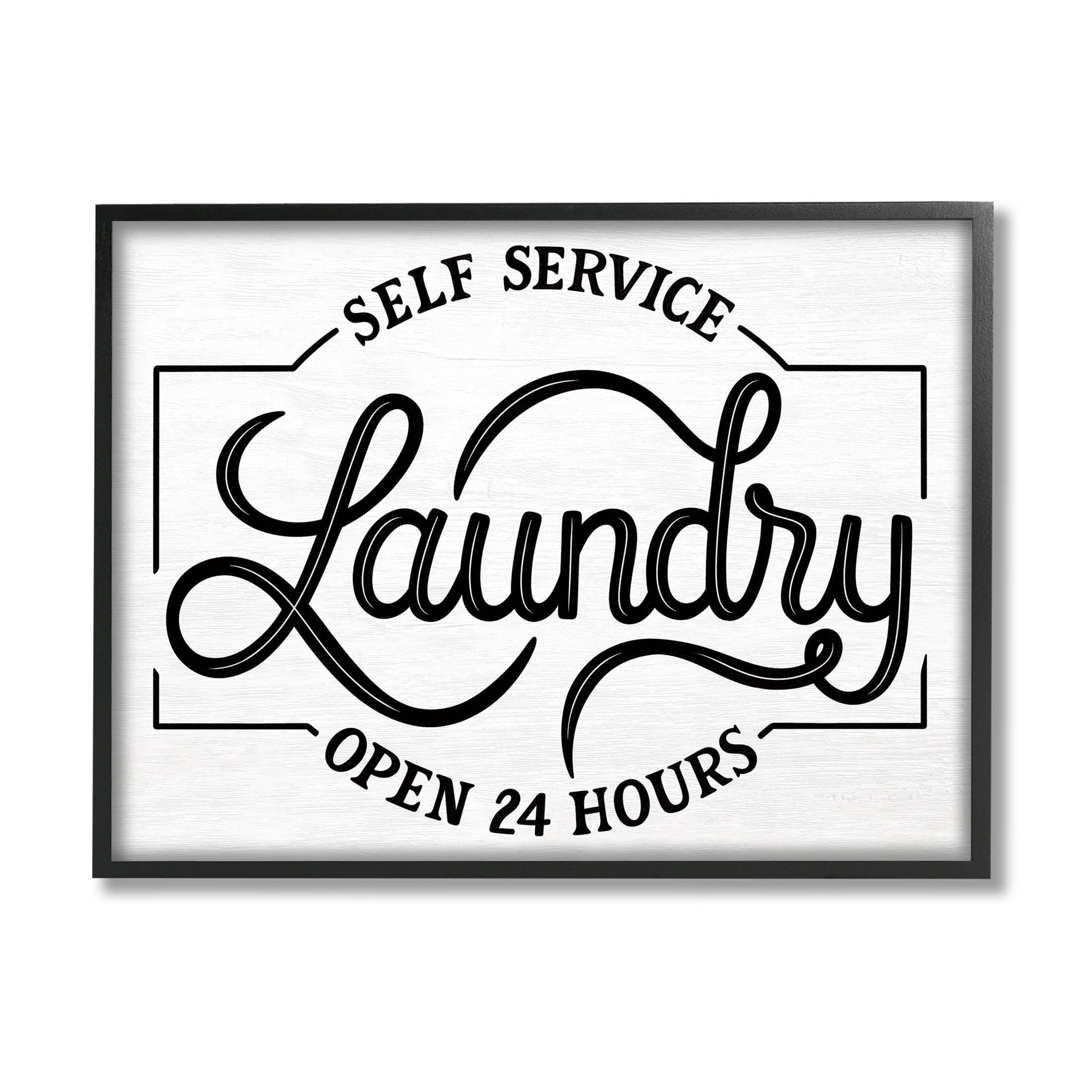 Self Service Laundry Open Sign Typography Graphic Art Black Framed Art Print Wall Art
