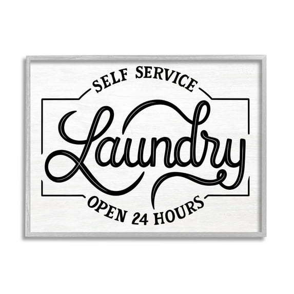 Self Service Laundry Open Sign Typography Graphic Art Gray Framed Art Print Wall Art