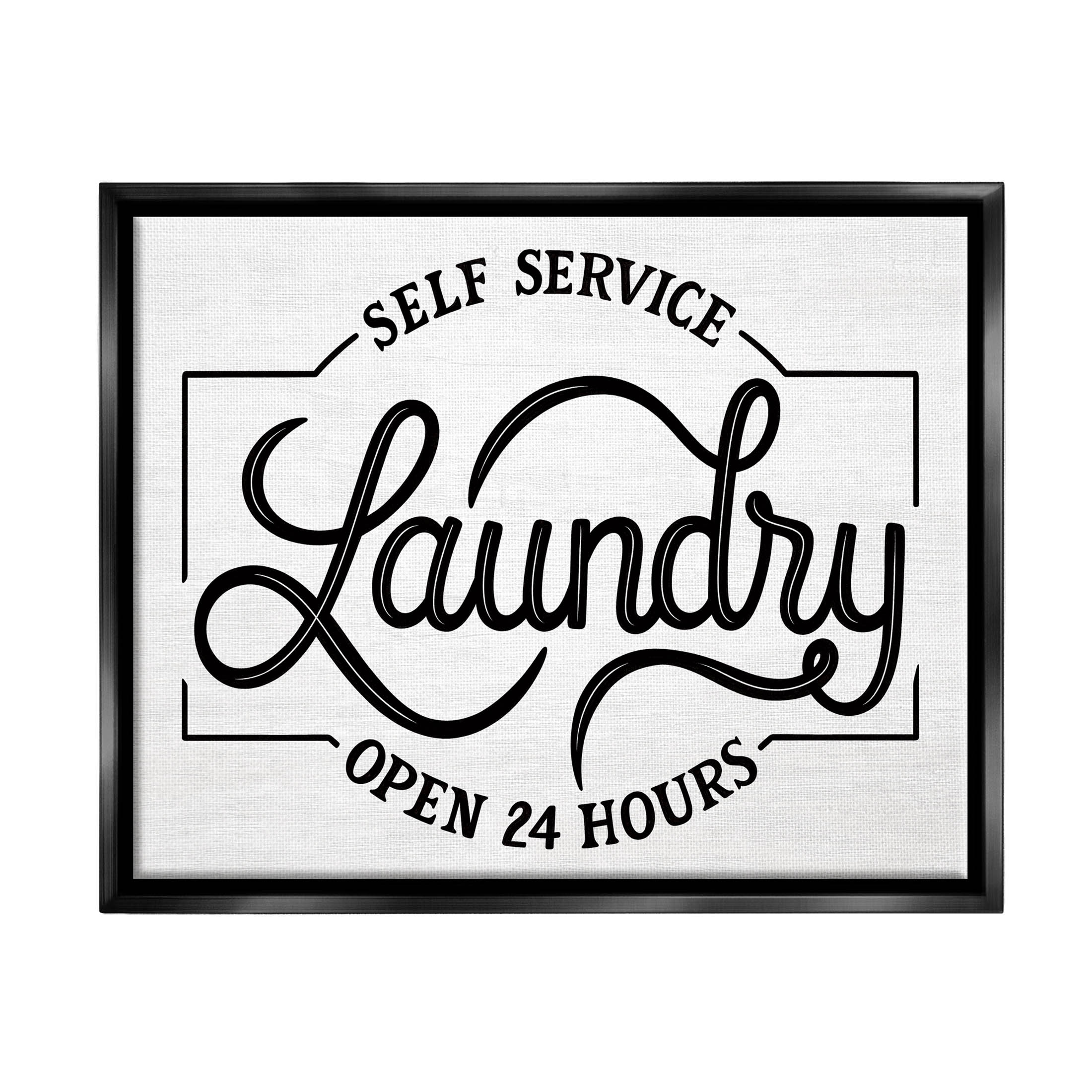 Self Service Laundry Open Sign Typography Graphic Art Jet Black Framed Art Print Wall Art