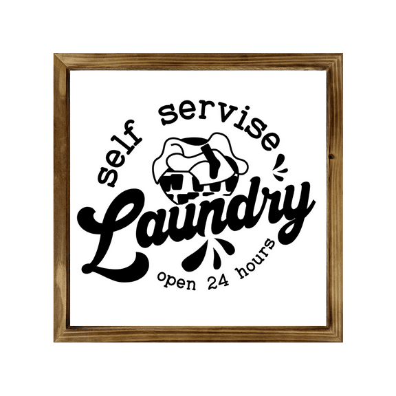 Self Servise Laundry Sign 12x12 Inch, Rustic Farmhouse Decor Home Sign, Wall Decorations Living Room, Modern Farmhouse Wall Decor, Laundry Sign and Laundry Room Decor with Solid Wood Frame