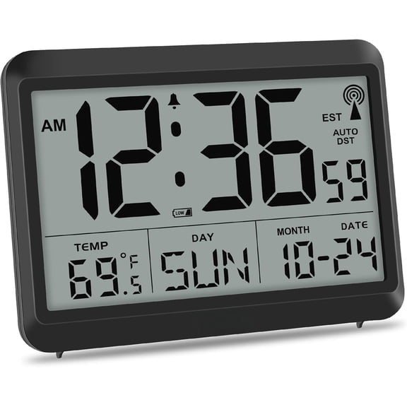 Self-Setting Atomic Digital Wall Clock with Auto DST | Battery Operated, Large Display with Temperature, Date and Day, 4 Time Zones, Wall Mount/Desktop Clock for Classroom, Office