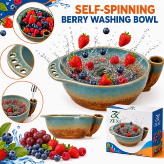 Self Spinning Berry Bowl 360 Degree Vortex Handmade Ceramic Fruit Washing Spinner Bowl Colander with Strainer Holes for Berries Vegetables Kitchen