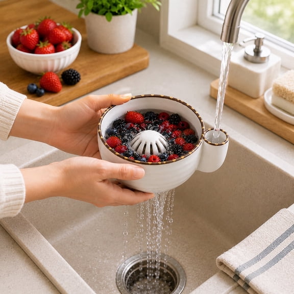 Self Spinning Berry Bowl with Drain Holes, Berry Washing Bowl and Fruit Washer Colander for Strawberries, Blueberries, Grapes, Cherry Tomatoes and Small Produce