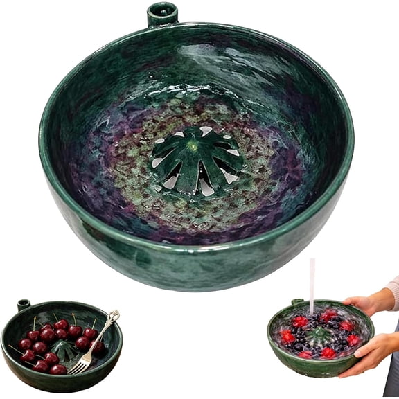 Self-Spinning Berry Washing Bowl Ceramic, Automatic 360° Fruit & Vegetable Washer Spinner with Drainage, Hydro-Vortex Berry Rinser & Colander for Kitchen, Stoneware Serving Bowl for Berries (1 Pc)
