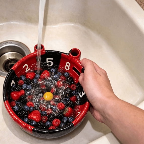 Self Spinning Berry Washing Bowl, Ceramic Colander with Water Vortex, Handmade Strainer Bowl for Berries, Cherry Tomatoes, Grapes, Multipurpose Kitchen Tool