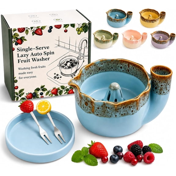 Self Spinning Berry Washing Bowl, Ceramic Fruit Washer with Drain Holes, 5.31-Inch, 1 Count