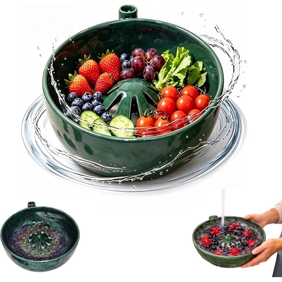 Self-Spinning Berry Washing Bowl – Ceramics Handmade Frut Colander with Vortex Swirl Design, 360° Auto-Rinse Bowl for Cleaning Berries, Vegetables & Serving (Drain Holes Included)