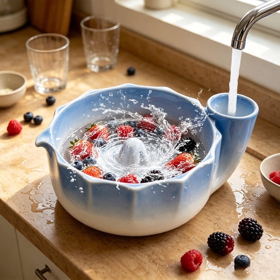 Self-Spinning Berry Washing Bowl,Glazed Ceramic Berry Bowl with Raised Center and Drainage Holes,Fruit Rinse Colander for Strawberries,Blueberries,Grapes,Cherry Tomatoes and Small Produce