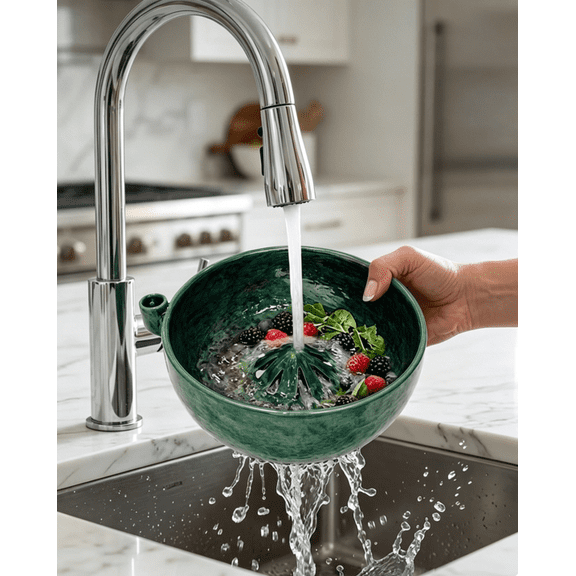 Self Spinning Berry Washing Bowl, Handmade Ceramic Colander Bowl, Easy Swirl Rinse Fruit Spinner, Multipurpose Vegetable Washer for Daily Kitchen Prep