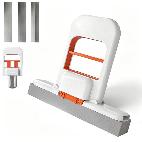 Self Squeezing Mini Mop, Mini Foldable Desktop Mop, Orange Small Sponge Mop, Wet and Dry Use Cleaning System, Replaceable Head, for Desktop, Kitchen, Counter, Glass, Tile (White)