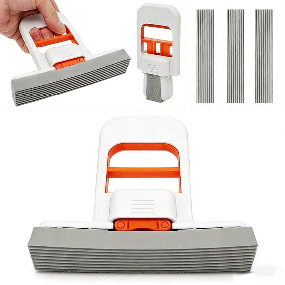 Self Squeezing Mini Sponge Mop, Small Foldable Desktop Cleaning Mop with One Hand Squeeze Handle, Wet and Dry Cleaning Mop with Replaceable Head, Orange