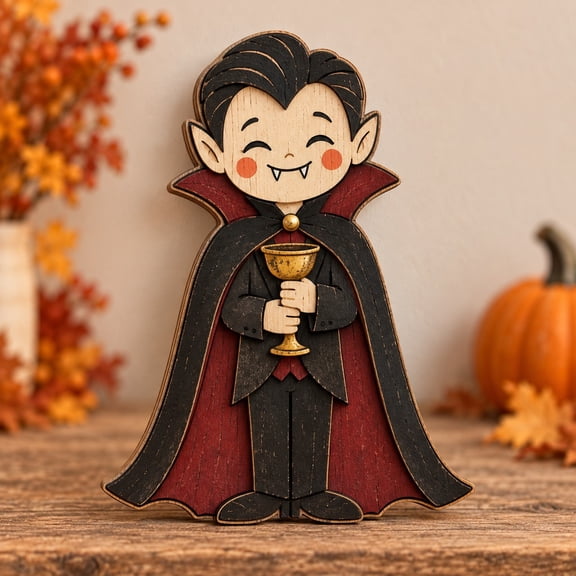 Self-Standing 3-Layer Halloween Plaque, Vampire with Goblet Wooden Tabletop Display for Gothic Collectors
