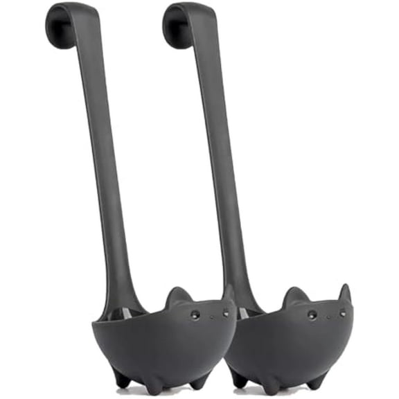 Self-Standing Cat Spoon, Long Handled Hanging Soup Ladle Cats, Cat Shaped Heat Resistant Hot Pot Long Handled, Cat Standing Spoon, Black Standing Spoon with Hook, For Hot Pot and Soup (Black*2)