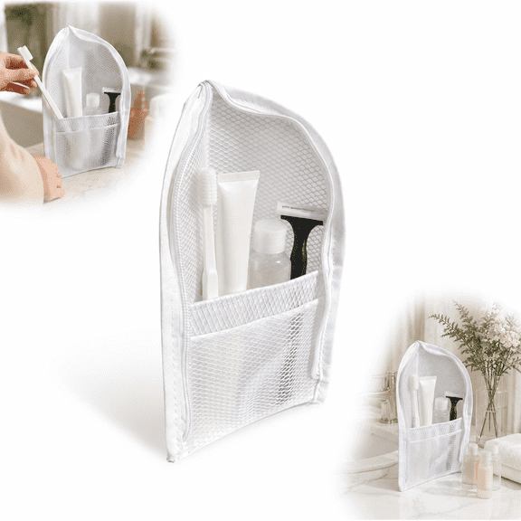 Self-Standing Travel Toiletry Bag, Quick-Dry PVC Mesh Organizer, Elegant White
