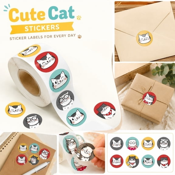 Self-Stick Envelope Seal Labels, Sticker Roll, Cat, Cute, 2X1 Inch Smudge-Proof Matte Finish Tags for Homemade Candle Jar Labeling, Treat Bag Sealing, Journal Margin Decoration