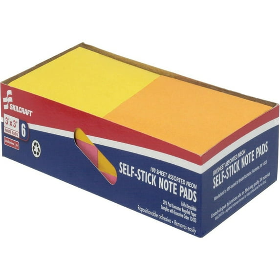 7530014181281, SKILCRAFT Self-Stick Note Pads, 3" x 3", Assorted Neon Colors, 100 Sheets/Pad, 6 Pads/Pack