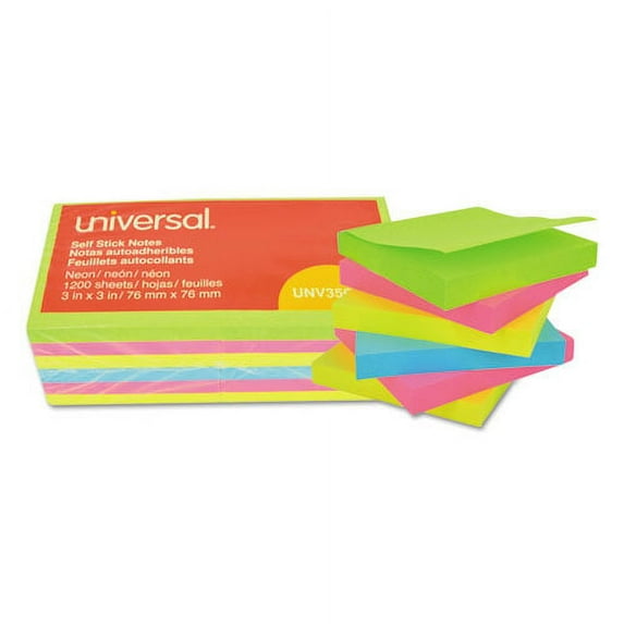 Self-Stick Note Pads, 3" x 3", Assorted Neon Colors, 100 Sheets/Pad, 12 Pads/Pack | Bundle of 2 Packs