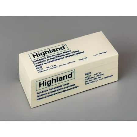 Highland, MMM6539YW, Self-Sticking Notepads, 12 / Pack, Yellow