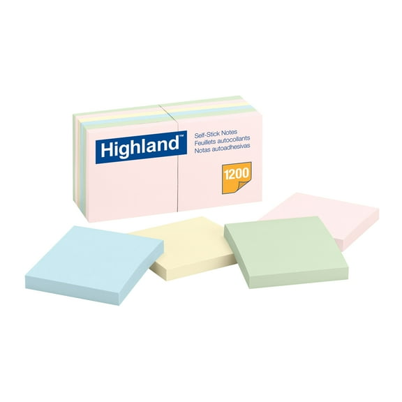 Highland™ Notes, 3 in x 3 in, 12 Pads, 100 Sheets/Pad, Assorted Pastel Colors