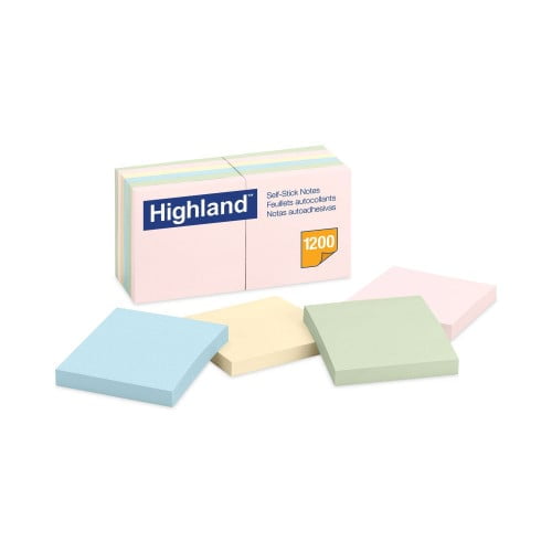 2PK Highland Self-Stick Notes, 3" x 3", Assorted Pastel Colors, 100 Sheets/Pad, 12 Pads/Pack (6549A)