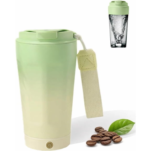 Self Stirring Coffee Mug 13.5oz / 400ml - Automatic  Stirring Coffee Mug with Drinking Lid, Rechargeable Self Mixing Mug with 2 Stir Rods, Stainless Steel 304 Auto Stirring Cup (Green)