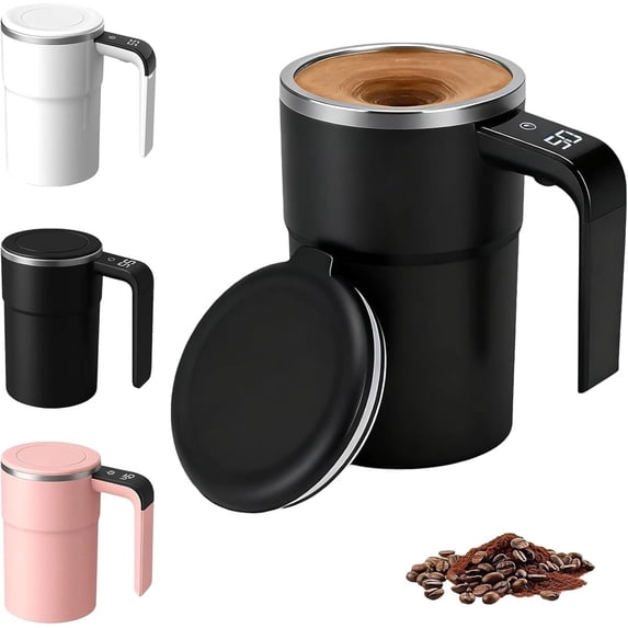 Self Stirring Coffee Mug With Lid, Automatic Magnetic Stirring Coffee Mug With Temperature Display, Electric Mugs For Coffee, Chocolate, Milk, Tea, Office, Home, Kitchen (Black)