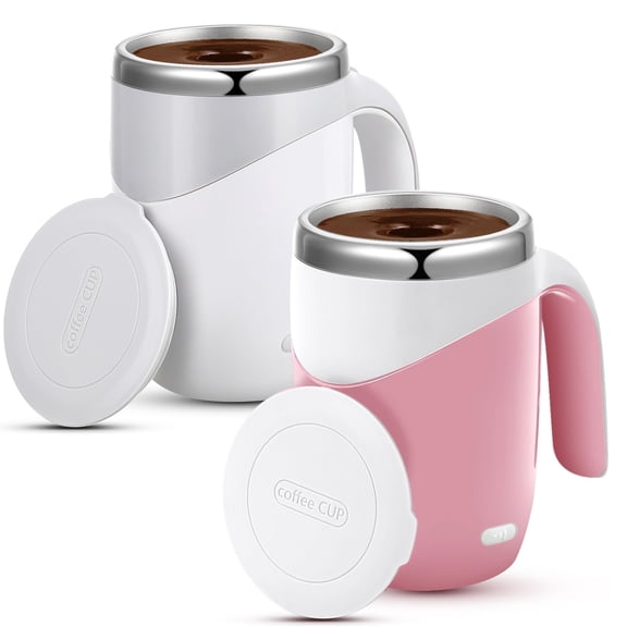 Self Stirring Coffee Mug Mixing Cup 13.5oz Stainless Steel (White, Pink ,2 Pcs)