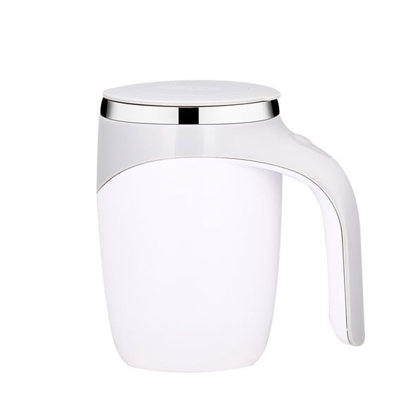 Self Stirring Coffee Mug with Lid, 380ml Automatic Magnetic Mixing Cup One Touch Rotating, Stainless Steel Tumbler for Coffee Tea Milk Office - White
