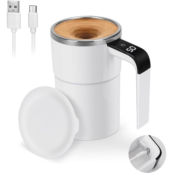 Self Stirring Mug, Auto Coffee Mug with LED Display Temperature, Rechargeable Automatic Stirring Cup, 12oz Self Mixing Cup with Lid To Stir Coffee Mixed Milk at Desk Use
