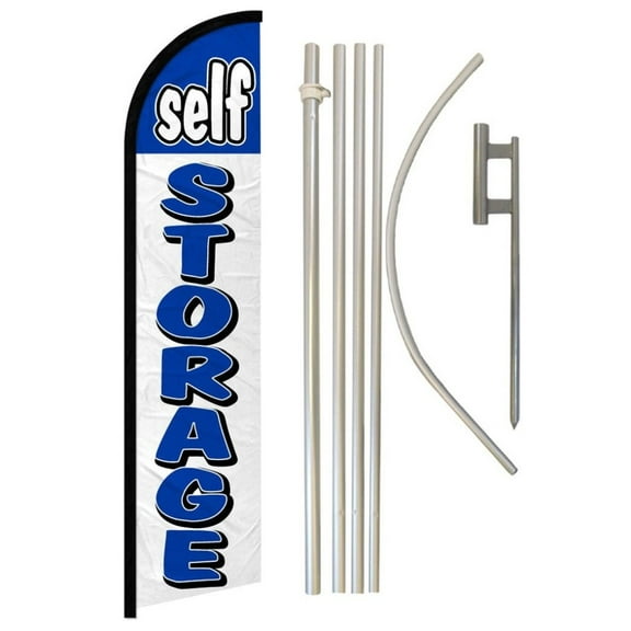 Self Storage (Blue & White) Windless Banner Flag & Pole Kit