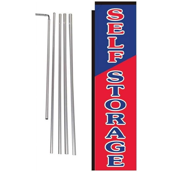 Self Storage Outdoor Rectangle Feather Banner Flag Sign with Pole Kit and Ground Spike, Red Blue