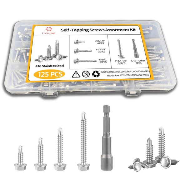 Self-Tapping Screws, 410 Stainless Steel, 125 PCS Assortment Kit with Driver, #10 1/2" 3/4" 1" 1-1/2", Hex Washer Head