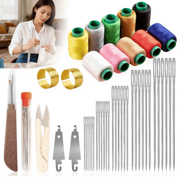 Self-Threading Sewing Kit, 43 PCS with Big Eye Needles & Storage Pouch - Easy Threader Kit for Seniors, Beginners, Travel, White Elephant Christmas Gifts(XX)