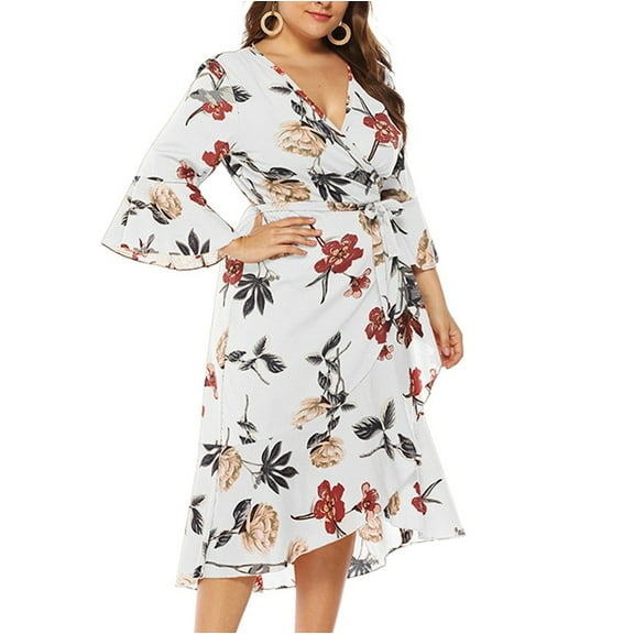 Self Tie Women's Bell Sleeve Floral Print V Neck Asymmetrical Hem Wrap Dress 3XL