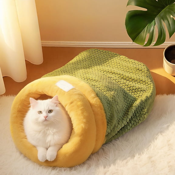 Self Warming Burrow Cat Bed, Pet Hideway Sleeping Cuddle Cave (Yellow Big)