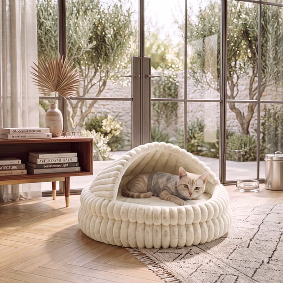 Self-Warming Hooded Cat Cave Bed Soft Round Enclosed Hideaway for Indoor Cats & Small Dogs, Soft Cozy Pet Bed with Non-Slip Bottom, Machine Washable White, 50 cm