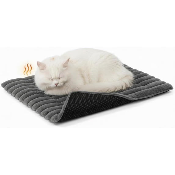 Self-Warming Pet Bed Mat with Faux Fur - Thermal Reflective Heating Pad for Dogs & Cats, Machine Washable, Non-Slip Base for Crates, Beds & Outdoor Houses (Gray, M) P