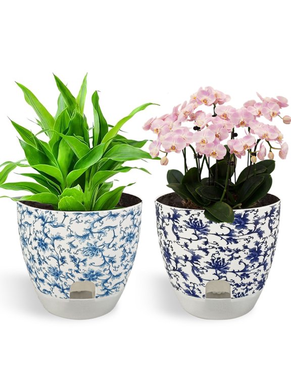Self Watering Flower Pots Set, 2Pack 6 Inch Self Watering Pots for Indoor Outdoor Plants, Plastic Planter with Drainage Holes and Deep Reservoir for African Violet, Spider, Orchid