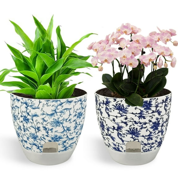 Self Watering Flower Pots Set, 2Pack 6 Inch Self Watering Pots for Indoor Outdoor Plants, Plastic Planter with Drainage Holes and Deep Reservoir for African Violet, Spider, Orchid