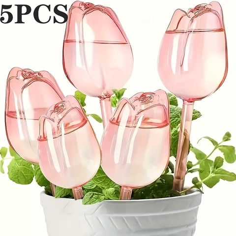 Self Watering Globes for Indoor Plants 4-Pack Tulip Shaped Automatic Plant Waterer Decorative Glass Style Watering Stakes for Garden Flower Pot Irrigation #436 Pink