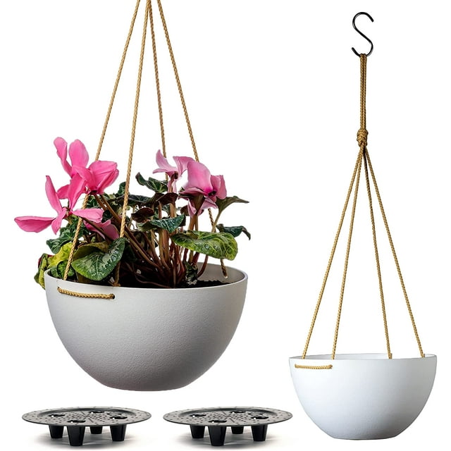 Self Watering Hanging Planter (10" Inch Set of 2) Nude Rope & White
