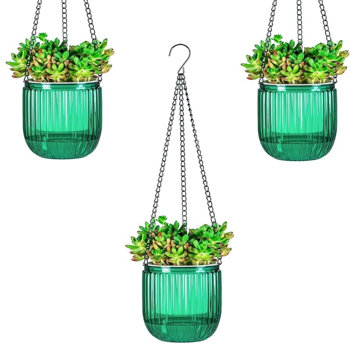 Self-Watering Hanging Planter with 3 Hooks, GIXUSIL 3-Pack 4 inch Green Plastic Flower Pot for Indoor Outdoor Garden Decor