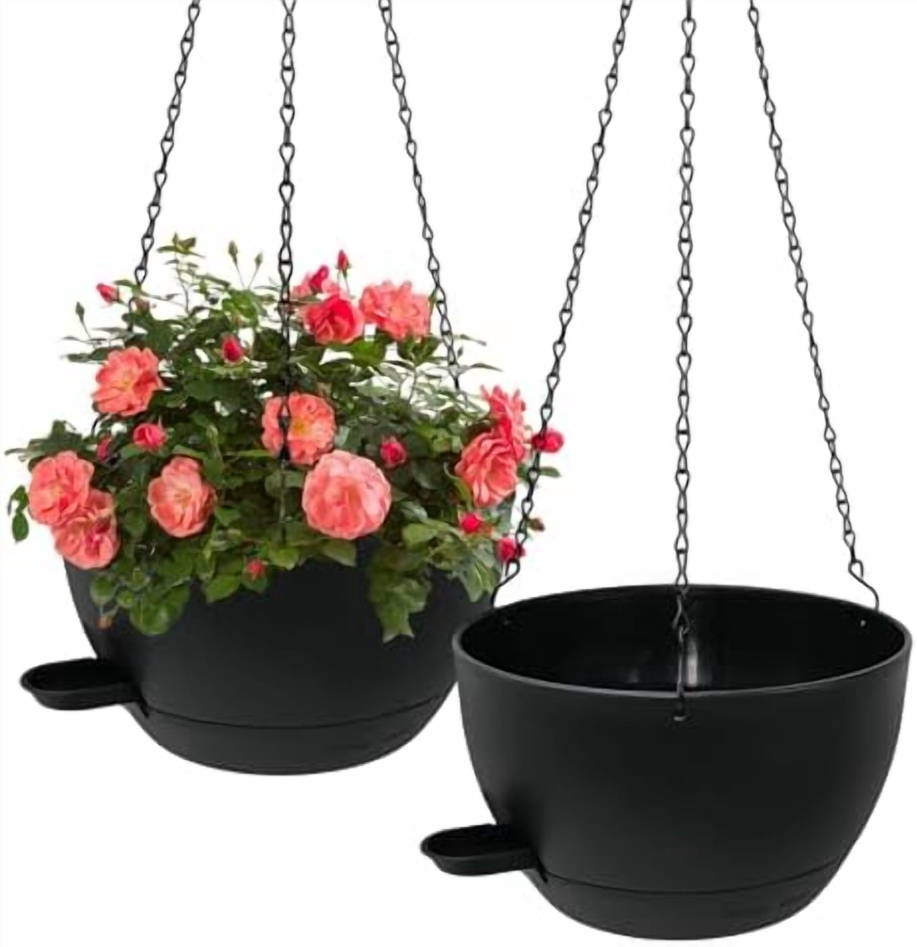 Self Watering Hanging Planters, 2 Pack 10'' Plastic Pots with Drainage Holes & Reservoir Tray (Black) | Indoor & Outdoor Use for Ferns, Ivy, Herbs, Succulents